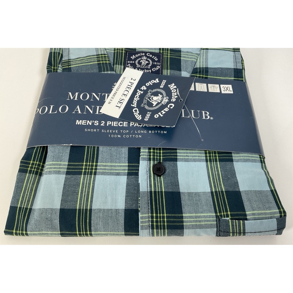 NWT Men's Monte Carlo Polo & Jockey Club 2 Piece Short Sleeve Plaid Pajamas 3XL - Picture 2 of 4